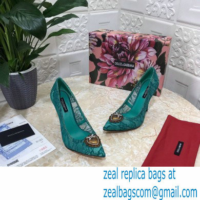 Dolce  &  Gabbana Heel 10.5cm Taormina Lace Pumps Green with Devotion Heart 2021